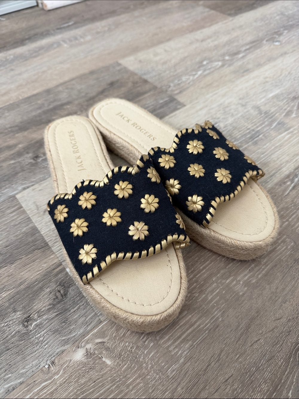 Jack Rogers Navy Blue Slide Sandals with Gold Floral Accents